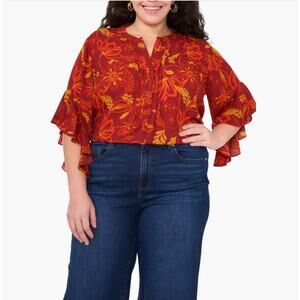 Vince Camuto Women Chili Red Floral-Print Flutter-Sleeve Henley Blouse Size 2X